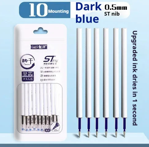 A pack of 10 quick-drying pen refills in black, red, blue, and ink blue colours.
