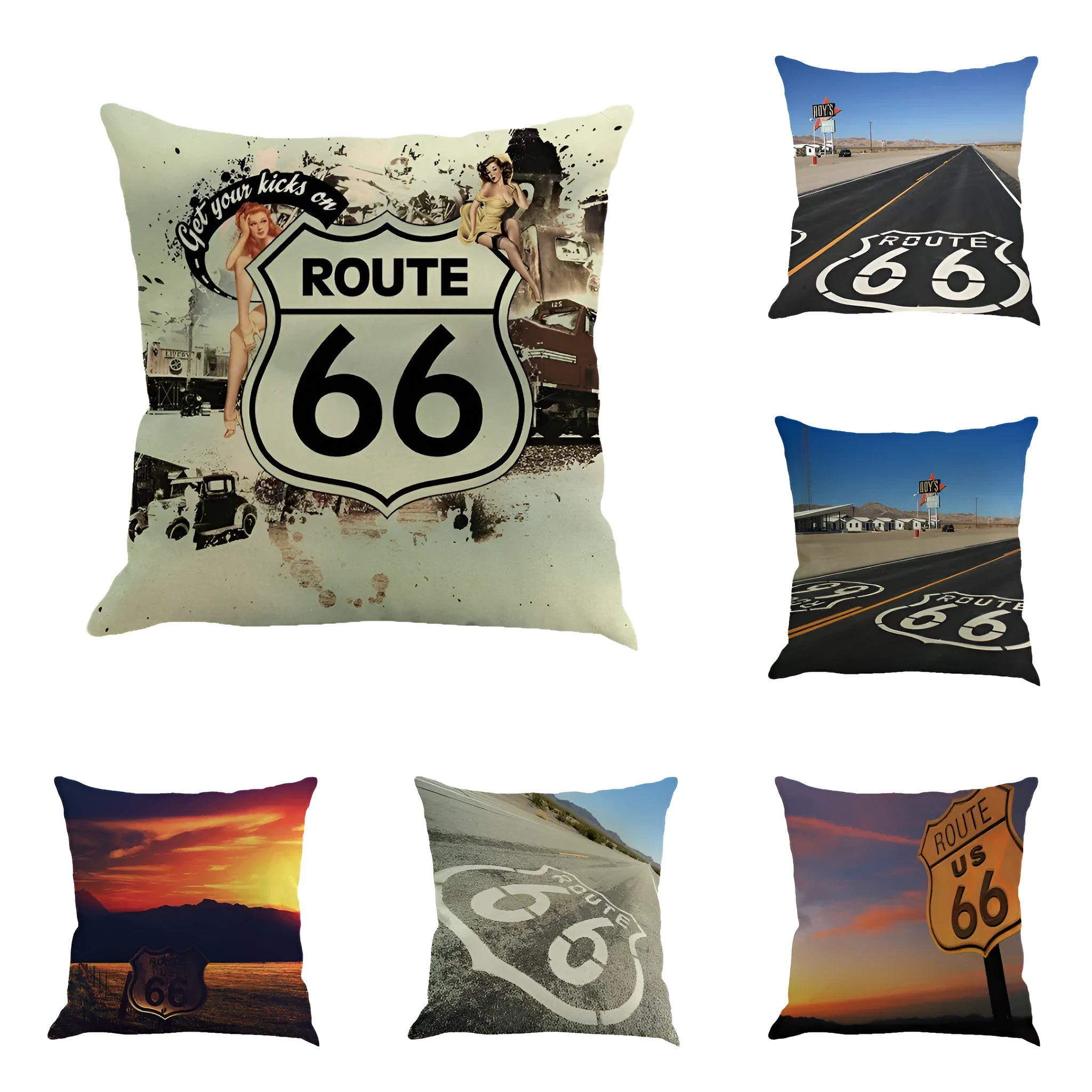 Route 66 landscape printed linen blend cushion cover for car or sofa, 45x45cm.