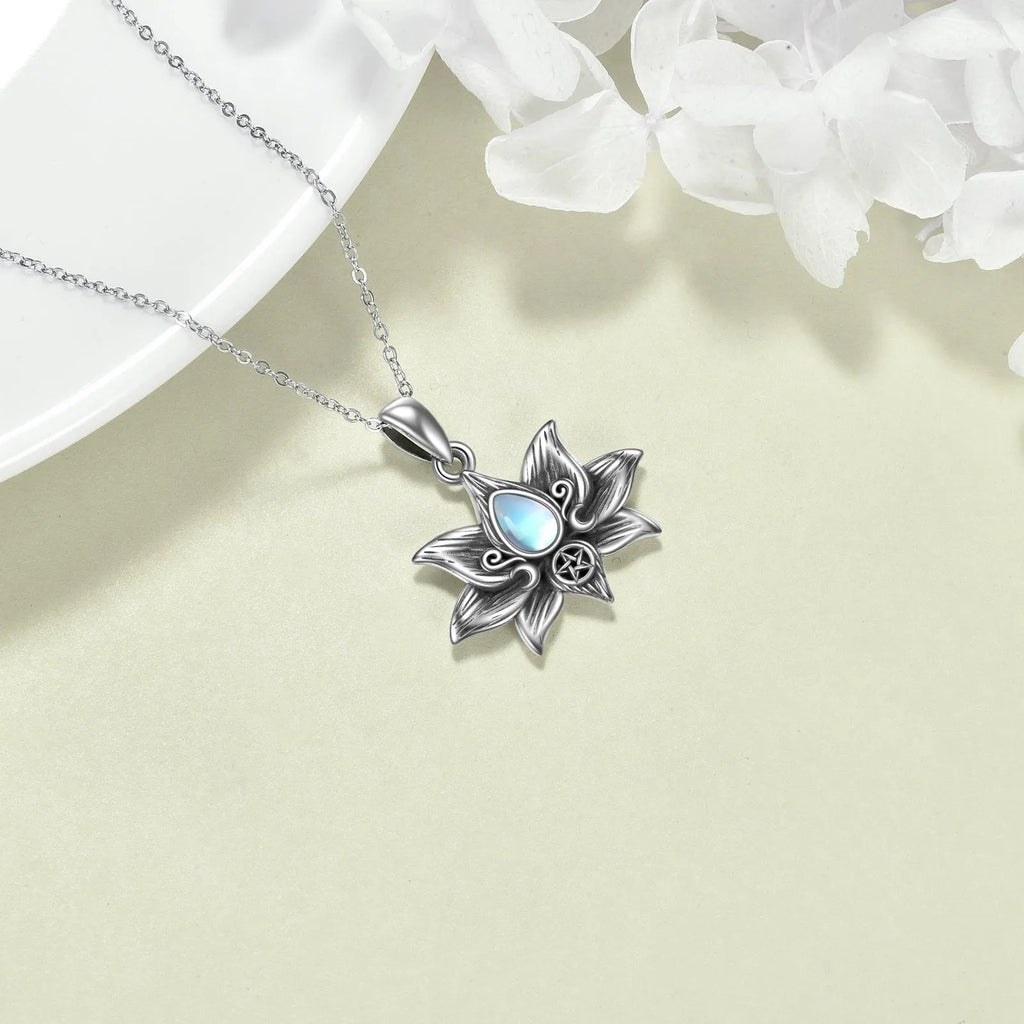 Sterling silver moonstone teardrop lotus flower pendant necklace on 18-inch O-chain