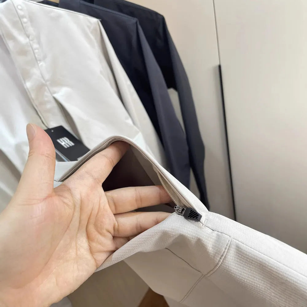 Men's stand collar polyester casual jacket in black, dark blue or milky white with straight hem