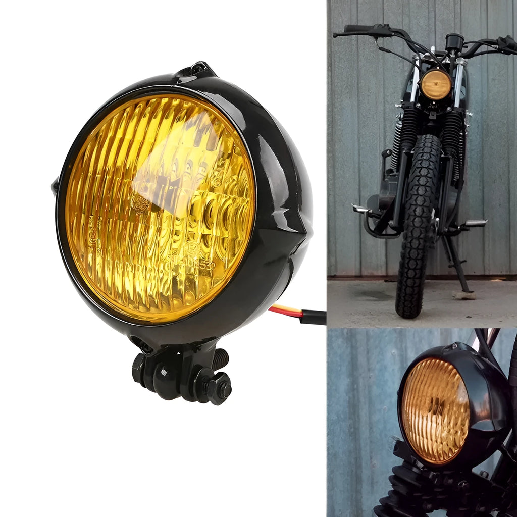 Black retro motorcycle headlight with aluminium housing and yellow halogen bulb.