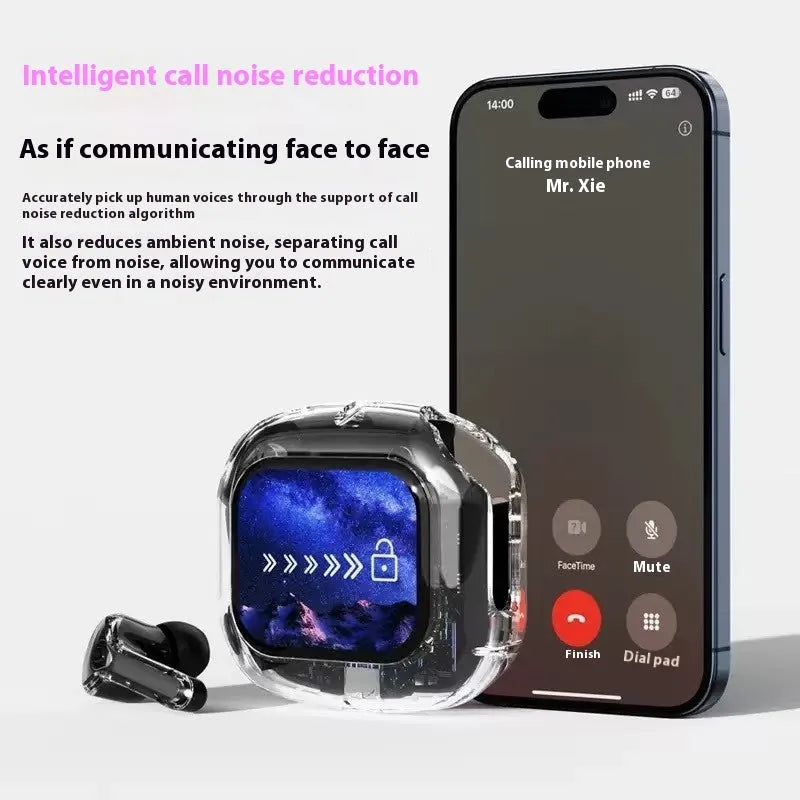 MG6 transparent LCD colour screen wireless Bluetooth headset with smart touch and noise reduction in black