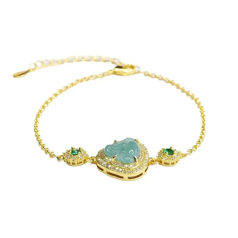 Jade bracelet with carved blue Maitreya Buddha charm and adjustable gold clasp