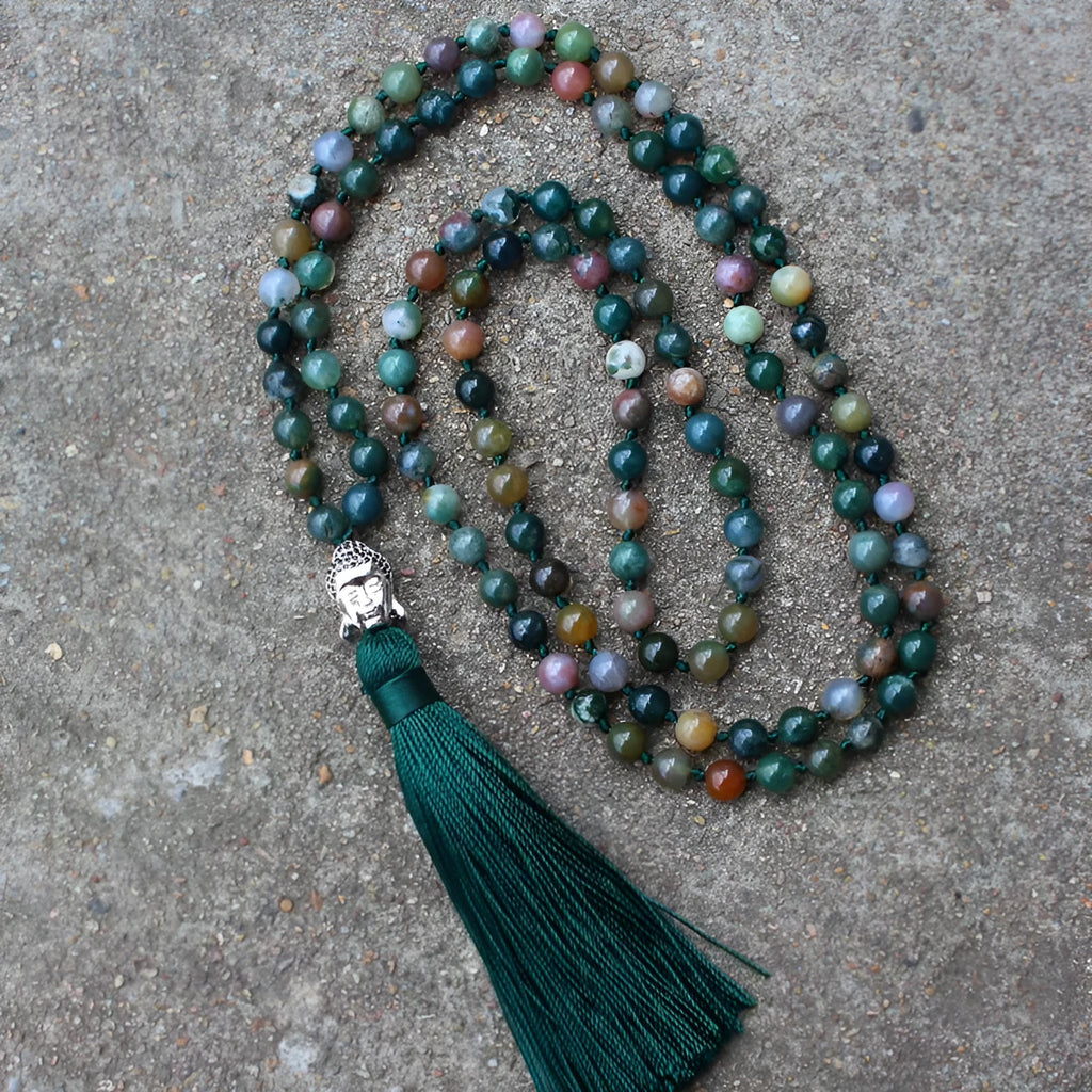 Indian agate blessing necklace with 108 round 6mm beads on a string.