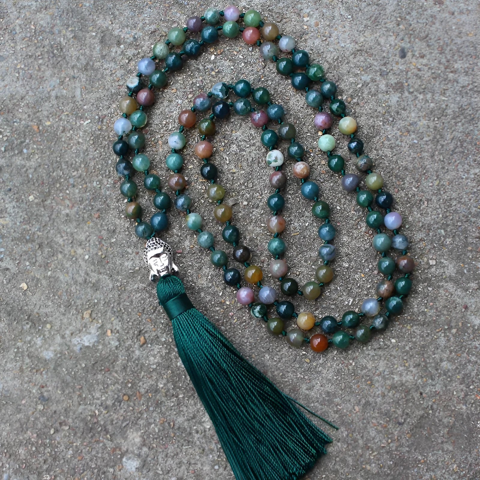 Indian agate blessing necklace with 108 round 6mm beads on a string.