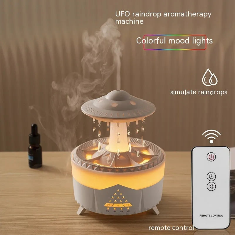 UFO-shaped cloud humidifier with rain drop sound and 7-colour night light