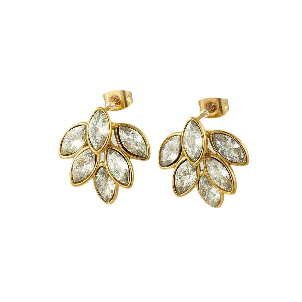 Titanium steel gold clip earrings with six-leaf dripping oil diamond design, 20.6mm by 19mm, sweet style party jewellery
