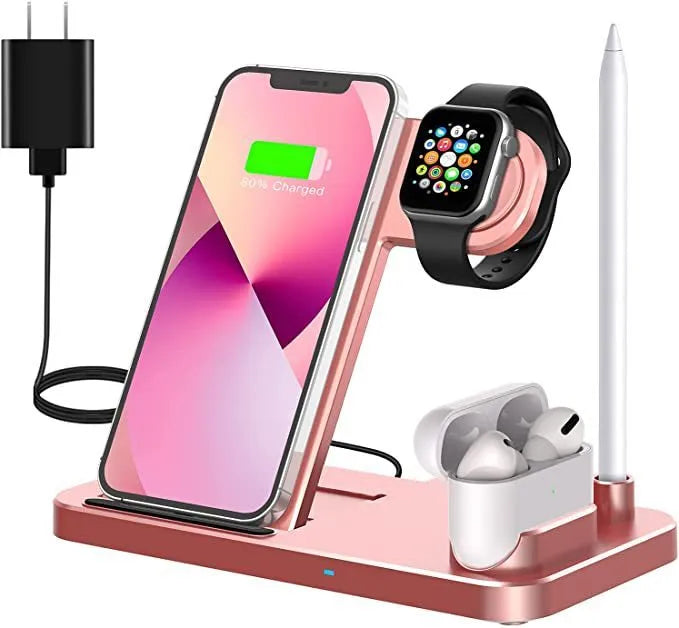 Folding 4-in-1 wireless charger in space grey, charging an iPhone, Apple Watch, and Apple Pencil.