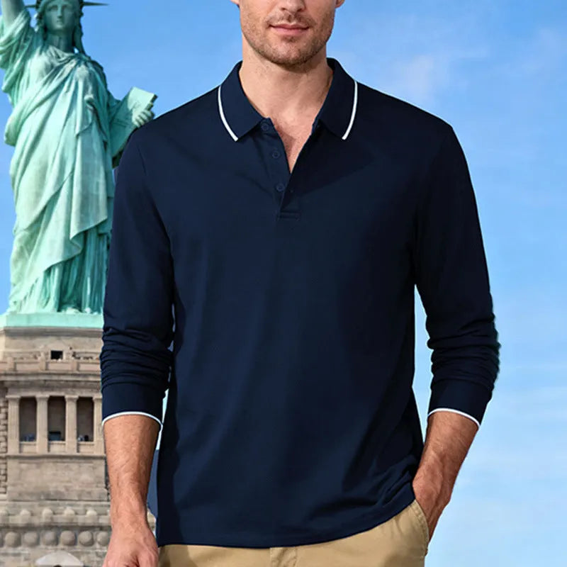 Men's casual jacquard polo shirt in solid colour, quick-dry long sleeve polyester, loose fit