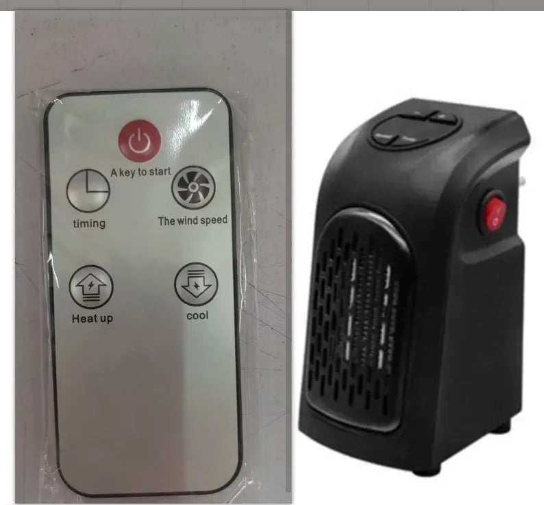 Small black ceramic fan heater on a table showing control buttons and compact size.