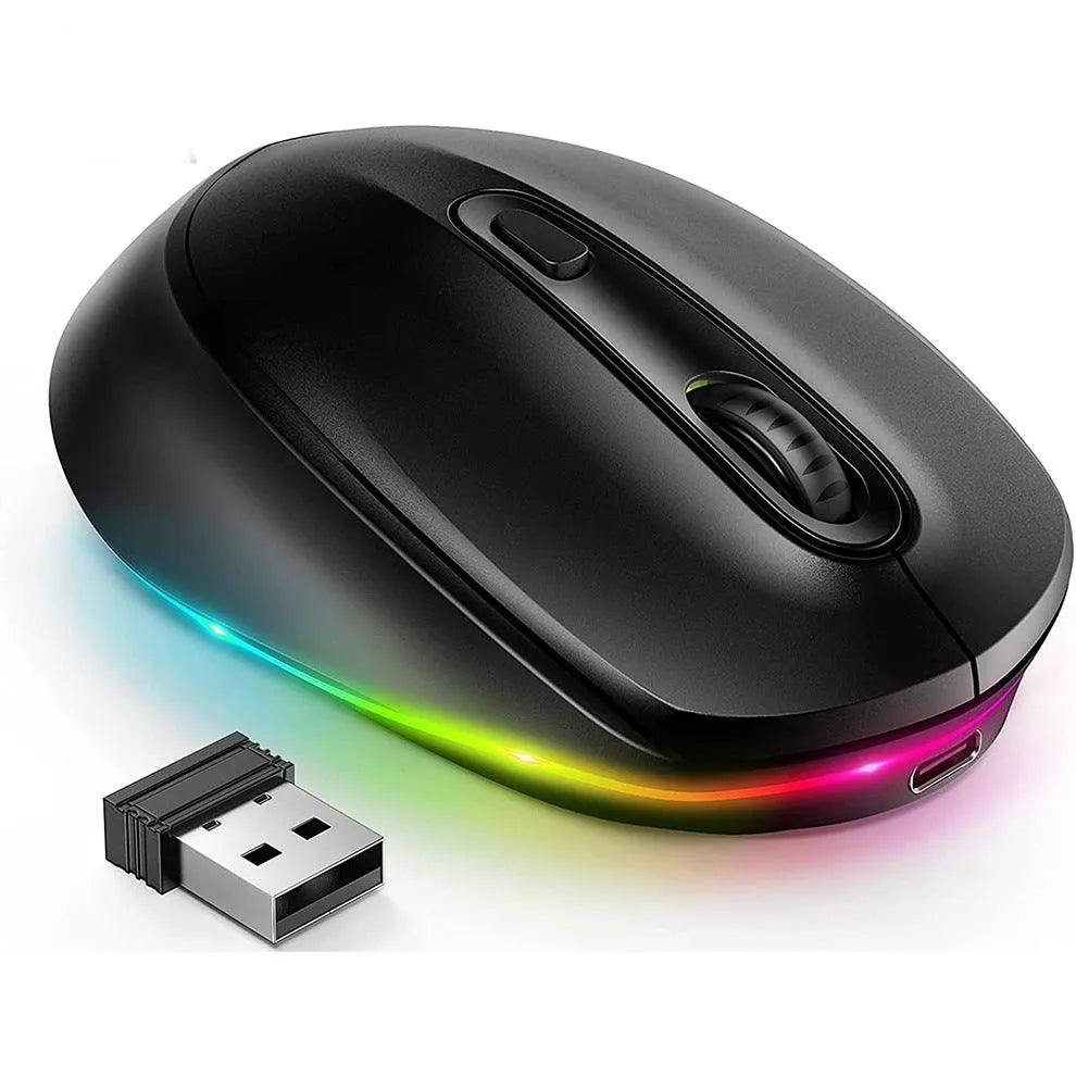 Compact 24g wireless mouse with USB charging cable on a desk.