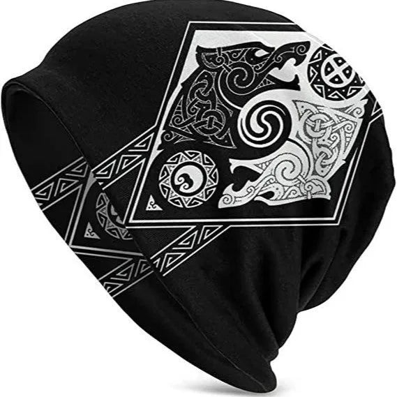 Double-layer elastic cotton sleeve cap with Viking totem wolf graphic for street dance