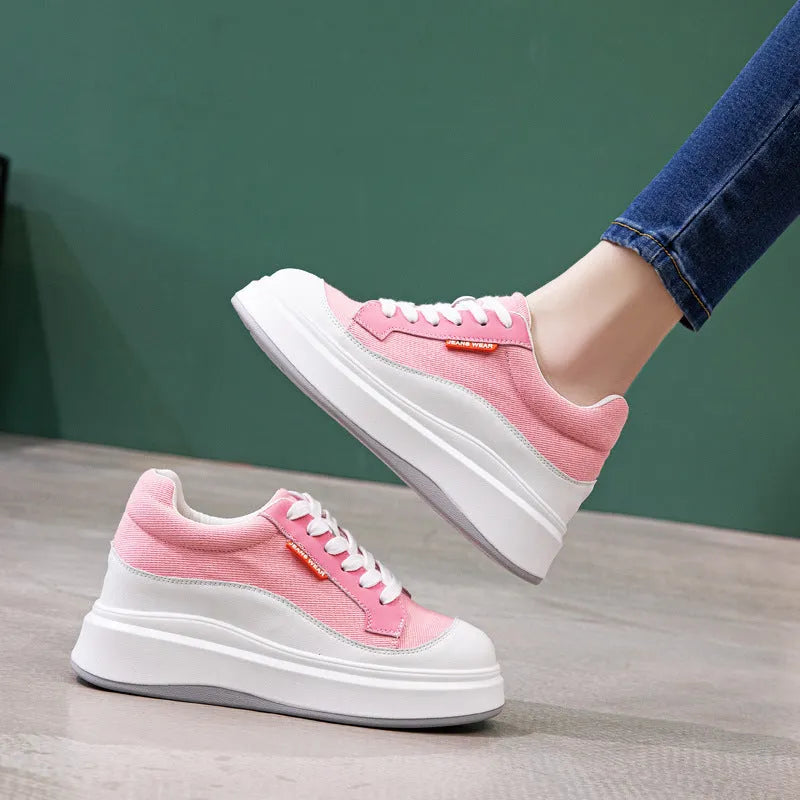 Women's beige and pink cowhide leather board shoes with thick soles for height increase