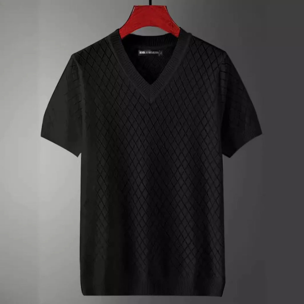 Men's black and white Ice Silk t-shirt with cut-out detail, showing V-neck and round neck style options.