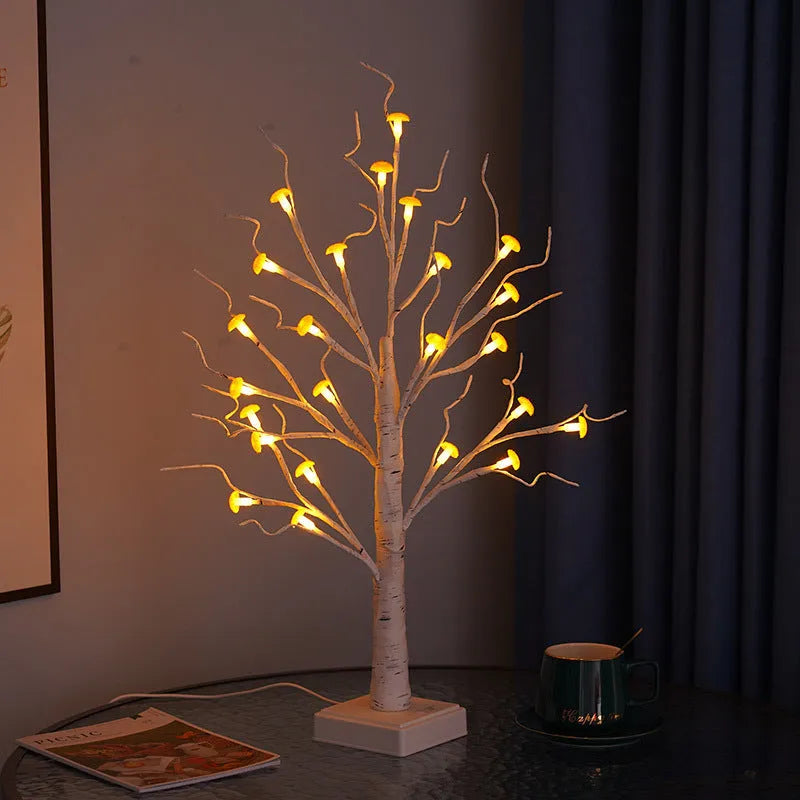 60cm tall white mushroom tree LED lamp with detachable flowers on a birch-style base.