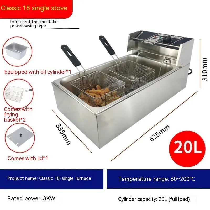 Commercial stainless steel deep frying pan with temperature control dial and frying basket