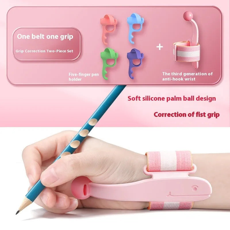 Blue anti-hook pen control corrector wrist brace on a child's hand holding a pencil.