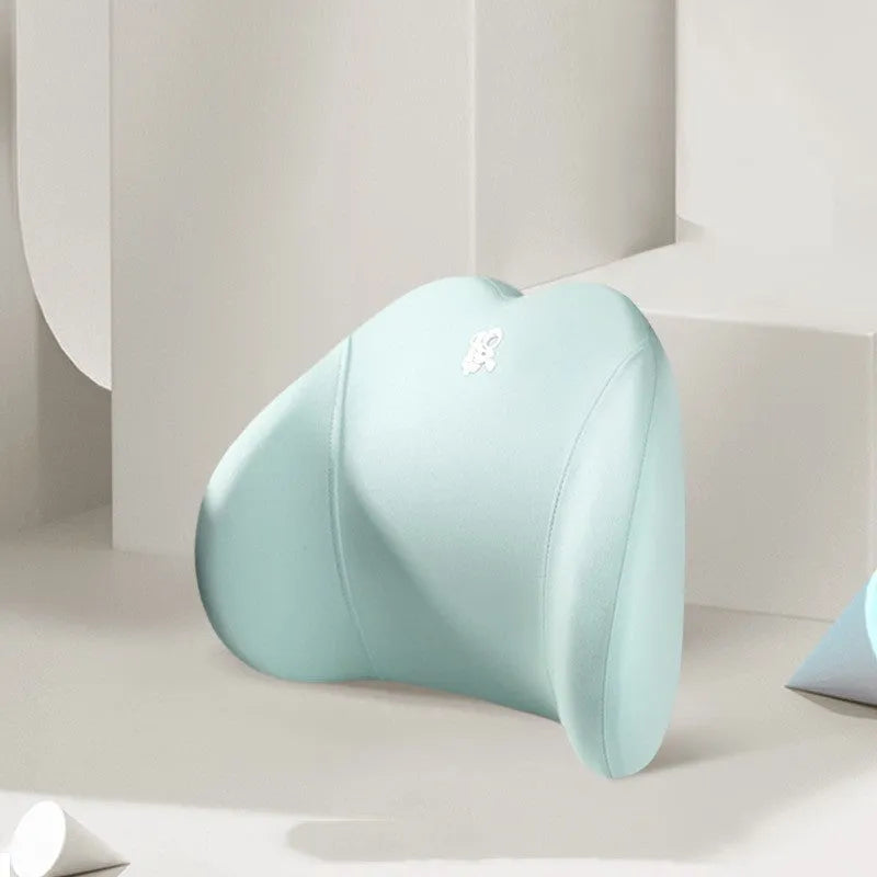 Heart-shaped car pillow set with headrest and lumbar support pillow in soft cotton, shown in assorted colours