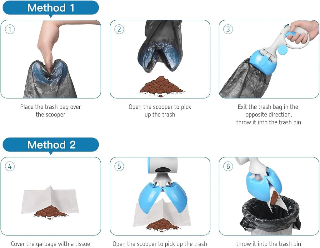 Heavy-duty ABS plastic pet pooper scooper with built-in trash bag holder in blue