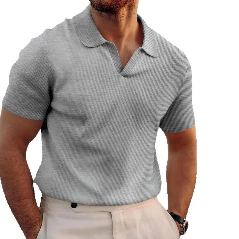 Men's slim-fit lapels t-shirt in heavy waffle texture, shown in blue.