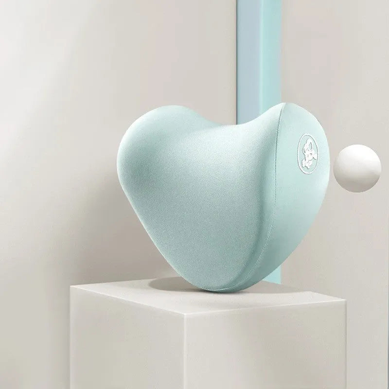 Heart-shaped car pillow set with headrest and lumbar support pillow in soft cotton, shown in assorted colours