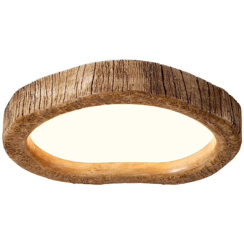 Round wood grain finish ceiling light in new Chinese style, shown in three size options.