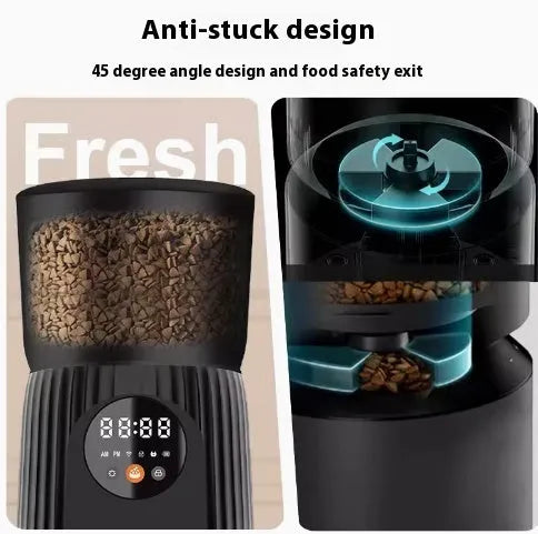 Black and white automatic pet feeder with digital timer and USB cable for remote, portion-controlled feeding.