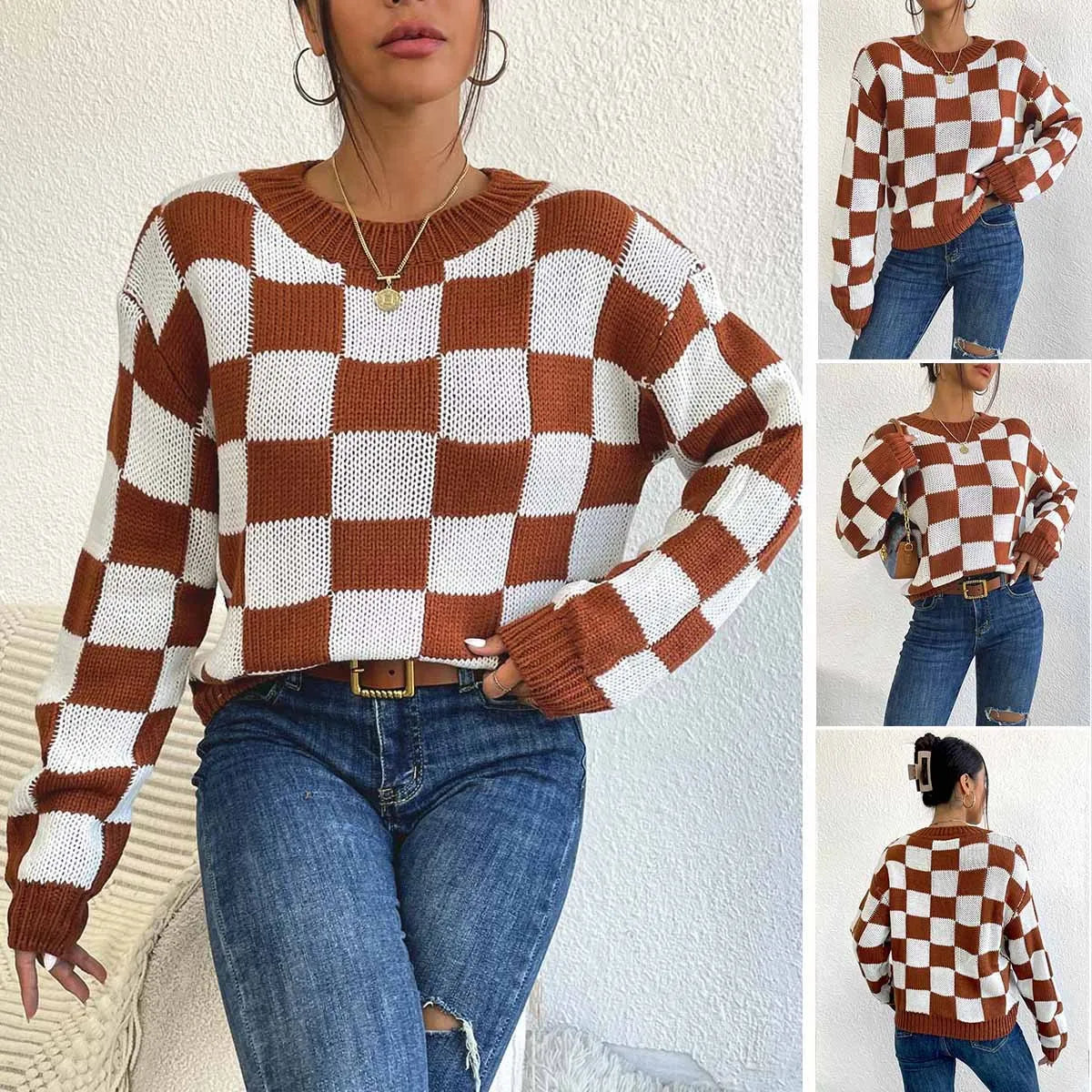 Dark brown acrylic pullover sweater with a chessboard plaid pattern, loose fit, and round neck.