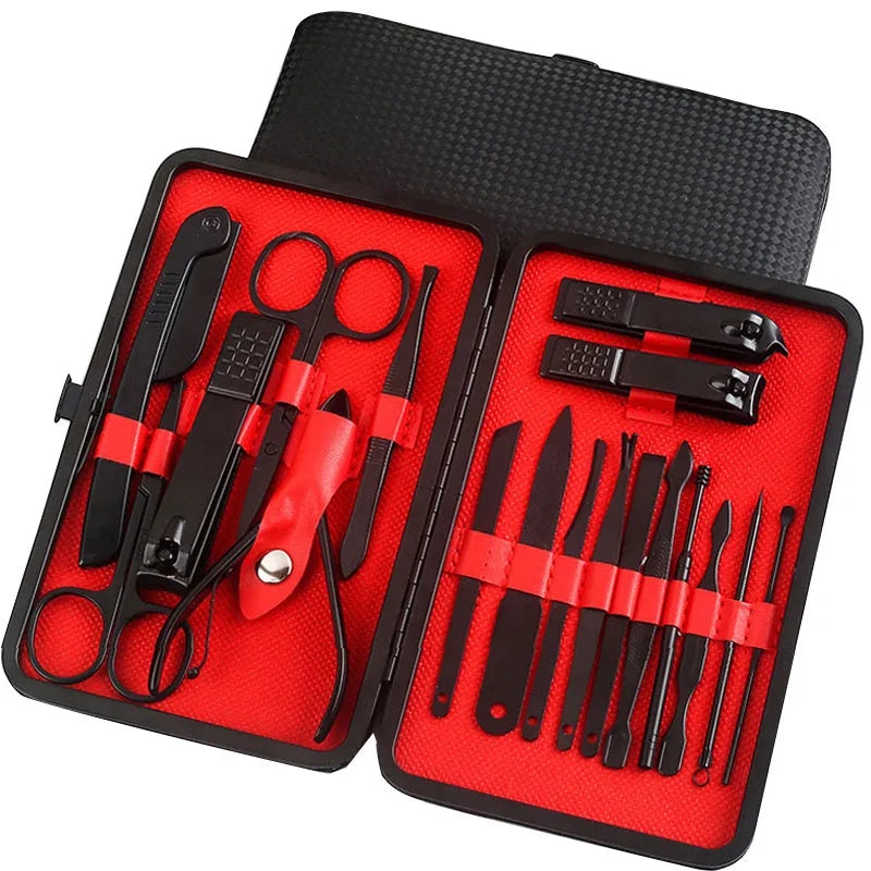 Professional stainless steel nail trimming tool set in black leather case with multiple grooming tools