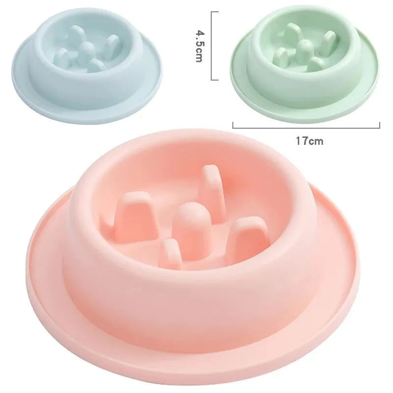 PP plastic pet slow feeder bowl in blue, green, or pink with maze design and non-slip base