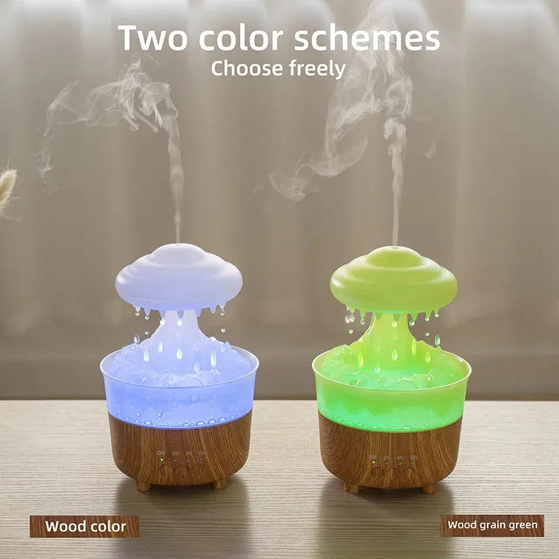 Wood grain white rain cloud humidifier diffuser with glowing LED light and water droplets.
