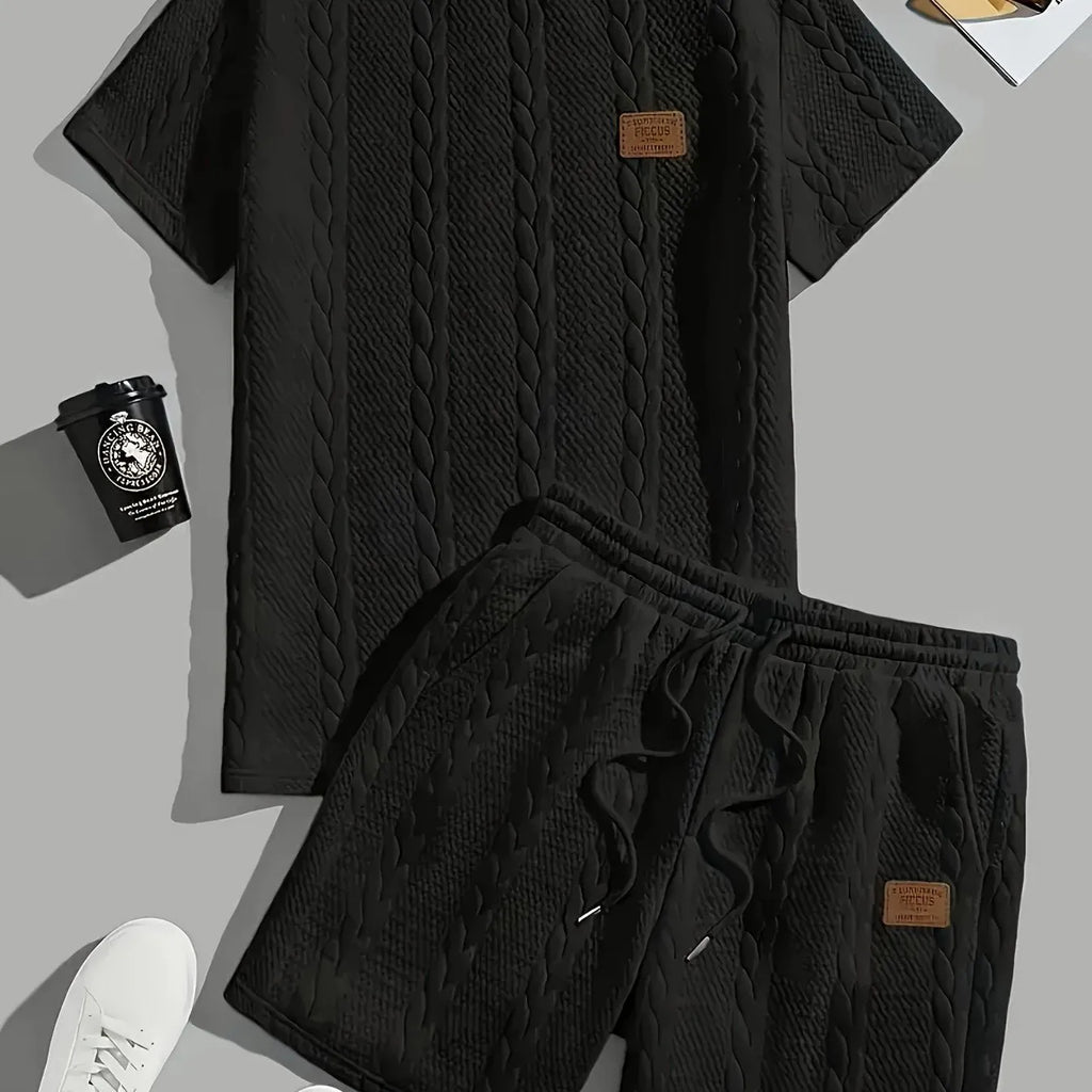 Men's black solid colour patch design short sleeve T-shirt and shorts two-piece sports set