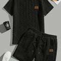 Men's black solid colour patch design short sleeve T-shirt and shorts two-piece sports set