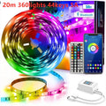 Flexible RGB LED light strip with Bluetooth remote on a 12V power supply, showing IP65 waterproof option.