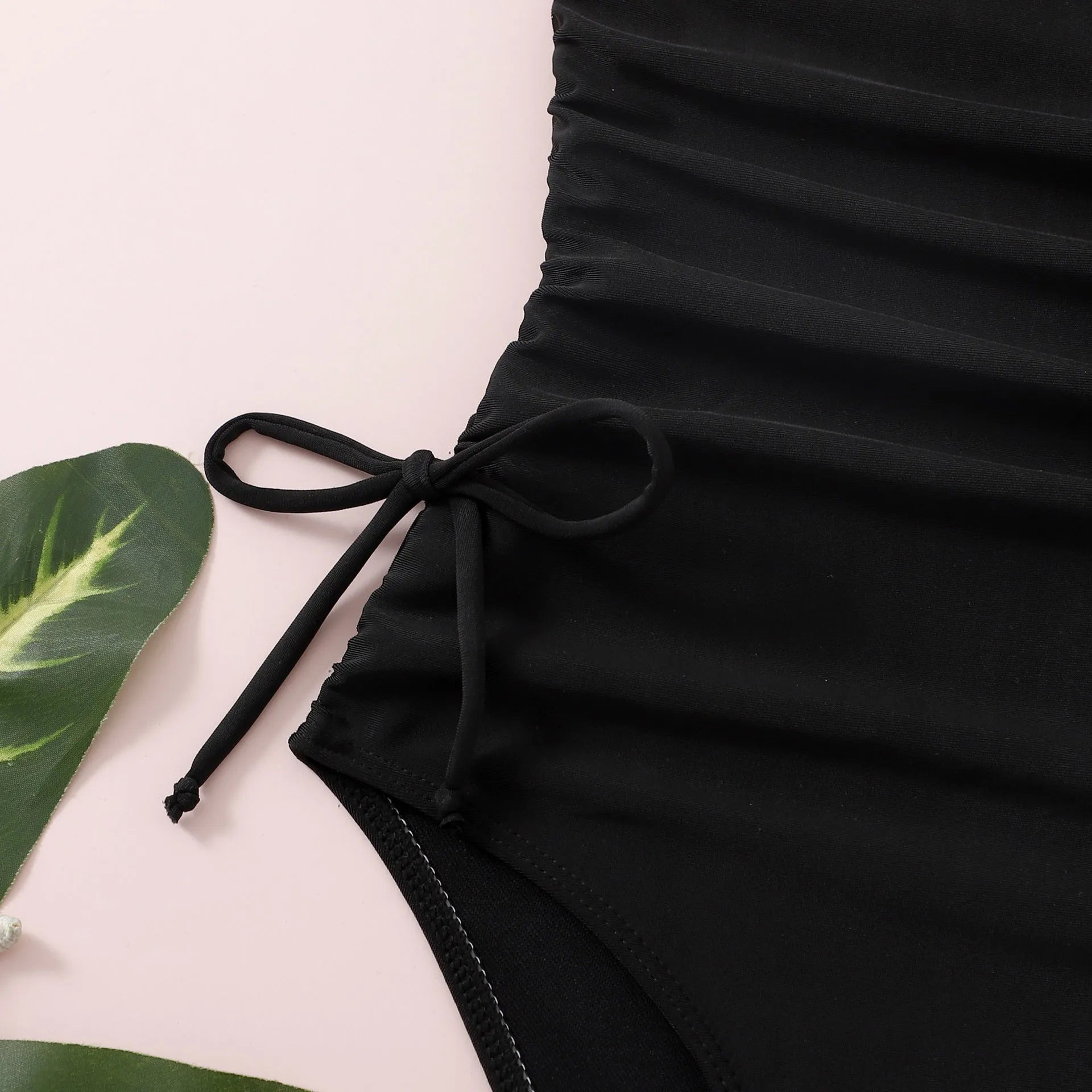 Black solid colour pleated tie swimsuit for girls, polyester spandex, briefs style, Asian sizes 130-160