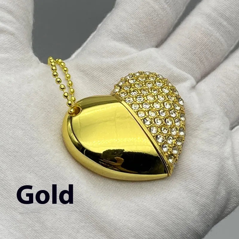 Brick-inlaid heart-shaped metal USB flash drive showing colour options and compact size
