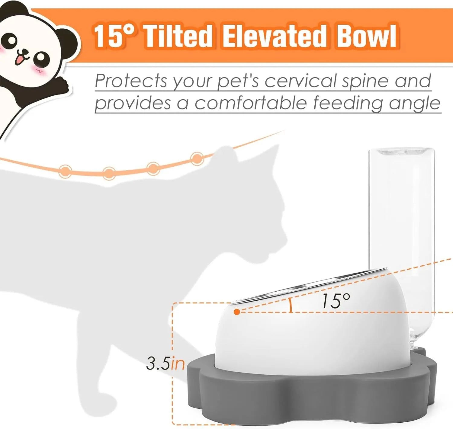 Grey and green panda-shaped elevated pet feeder with tilted stainless steel bowl and automatic water bottle.