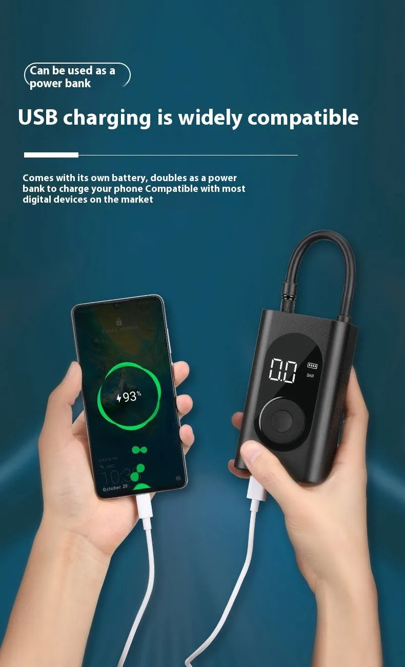 Portable handheld mini wireless tyre pump with power bank and flashlight on a grey background.