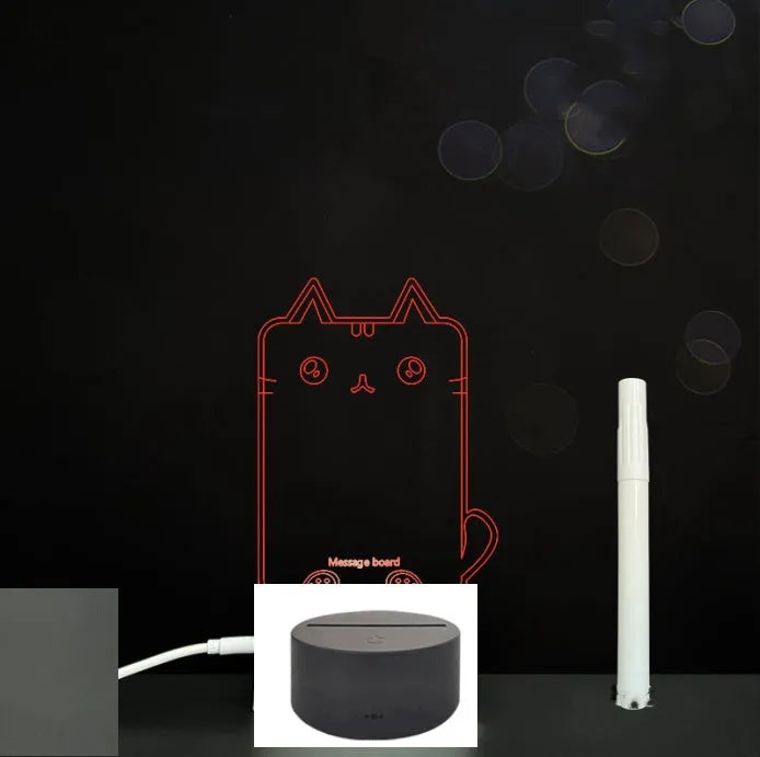 3D acrylic LED message board with touch control, black ABS base, USB cable, and stylus pen on desk