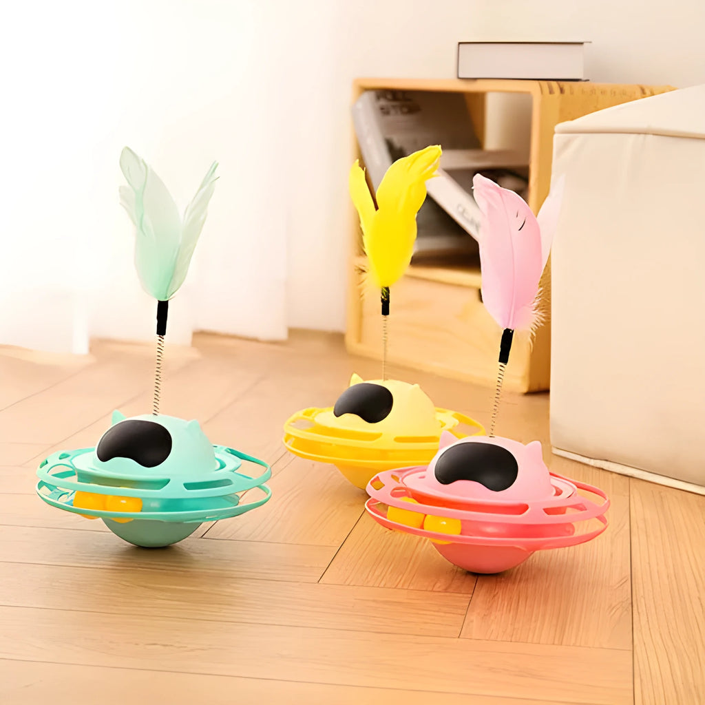Pink cat toy tumbler turntable with self-spinning stick on 10cm base