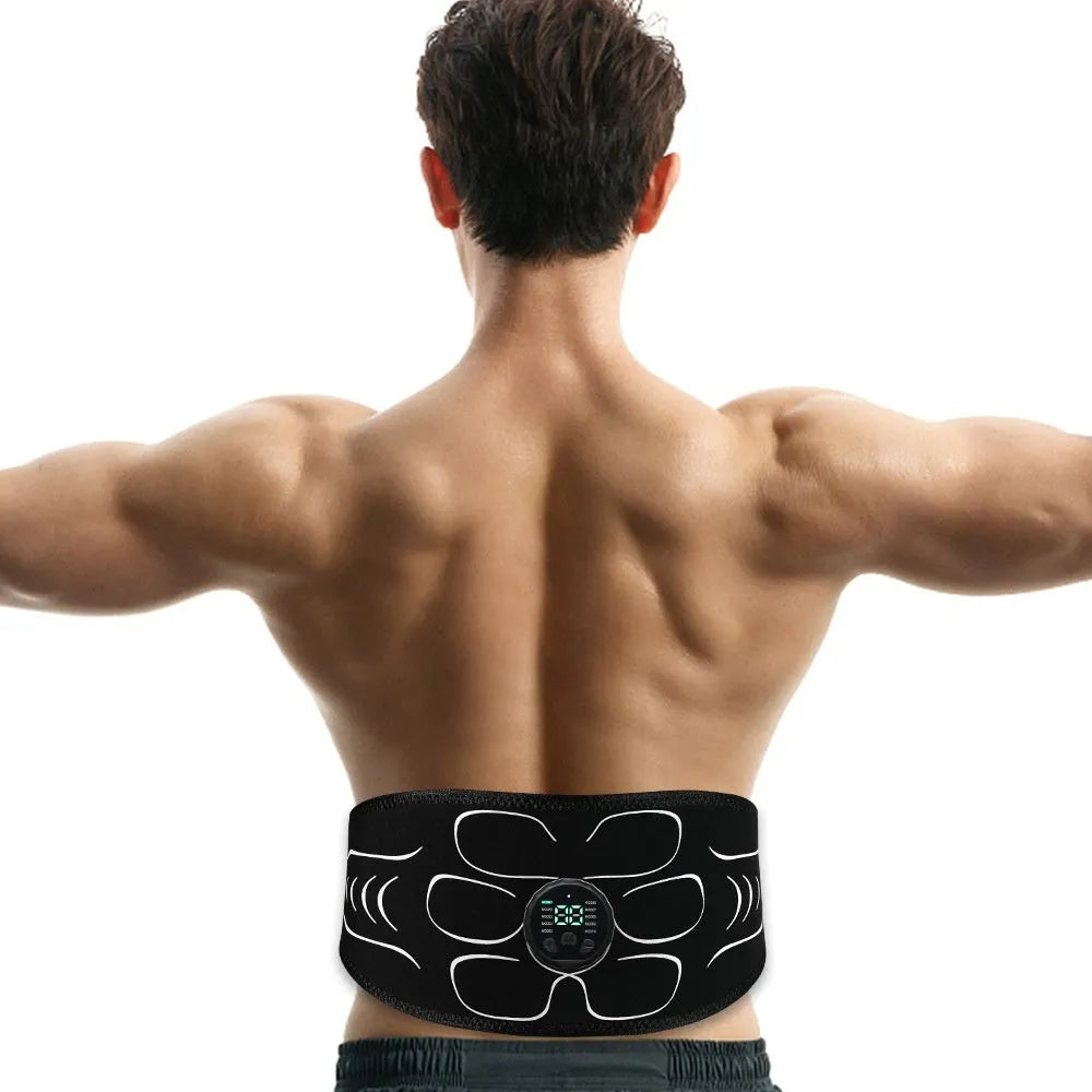 Silicone EMS belly shaping belt with stimulator unit, belt, and hand straps on a white background