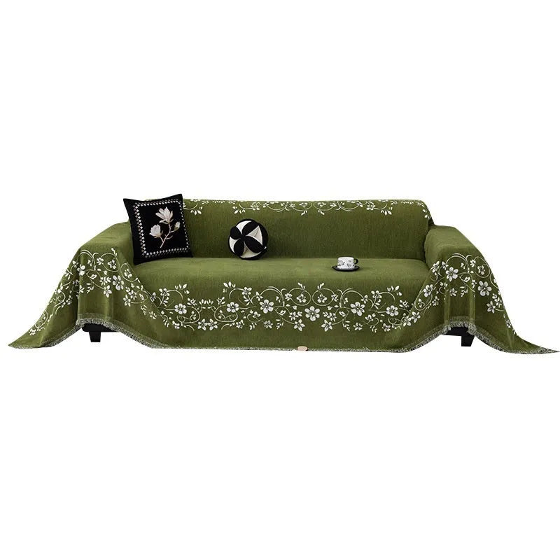 Soft chenille sofa cover with embroidered magnolia floral pattern in garland coffee colour, size 180x230cm