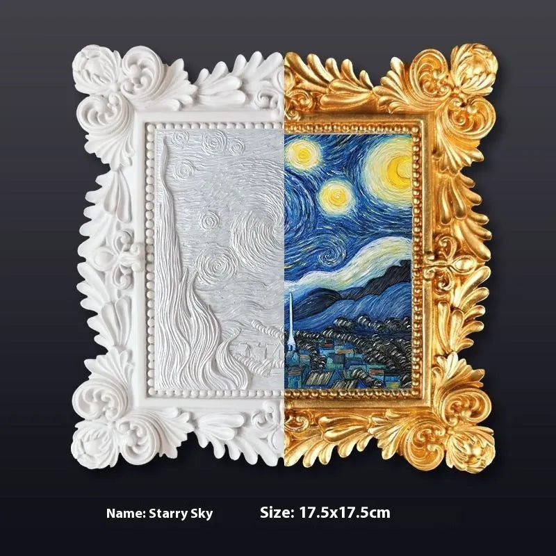DIY hand drawn oil painting kit showing epoxy pottery base, propylene paints, brushes, and a completed framed Van Gogh 'Starry Night' example.