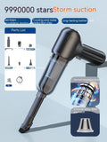 Black wireless wet and dry car vacuum cleaner with multiple nozzle attachments on a white background.
