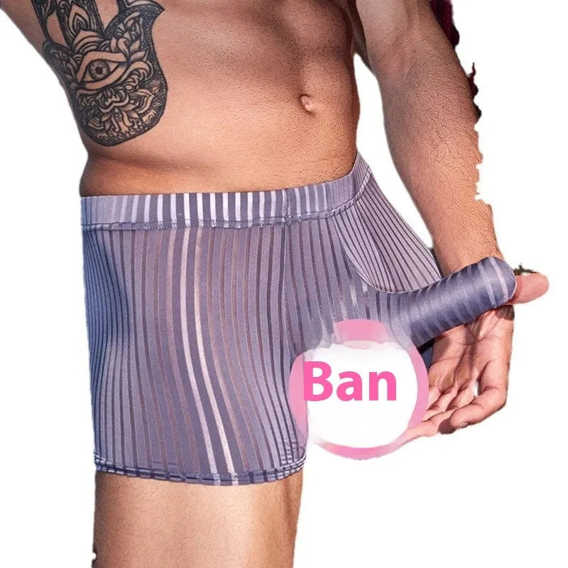 Men's black vertical-striped boxer briefs laid flat, showing elasticated waistband and leg openings.