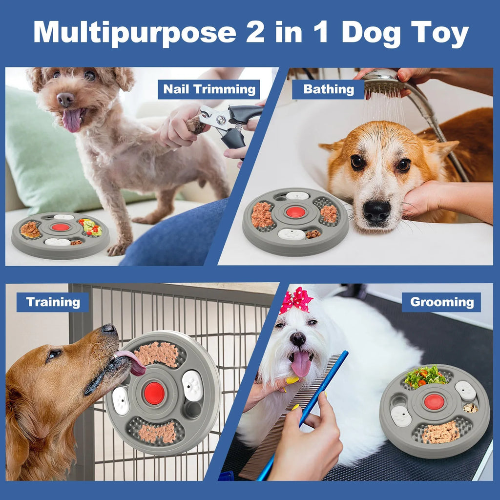 Blue and grey plastic slow feeder bowl for pets with anti-slip base and textured feeding surface.