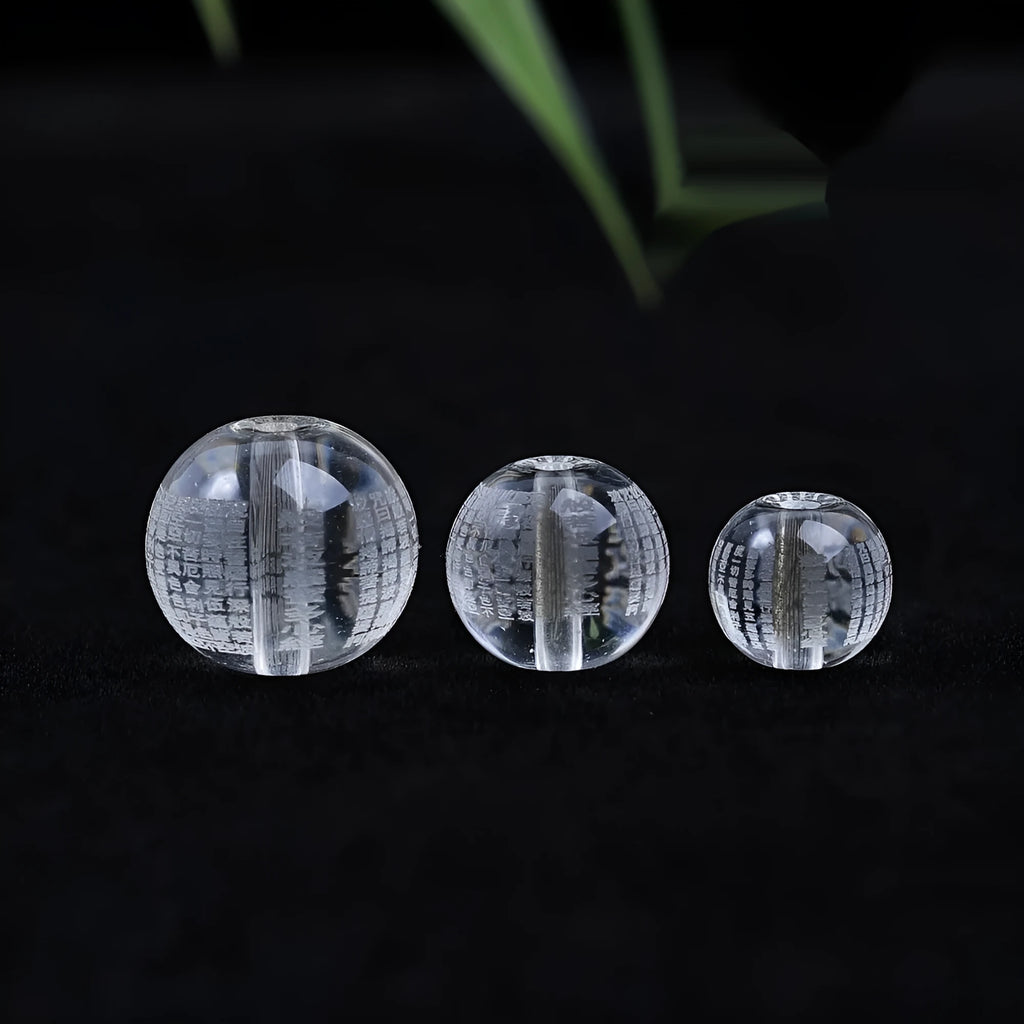 Glass meditation beads engraved with Heart Sutra mantras in three size options