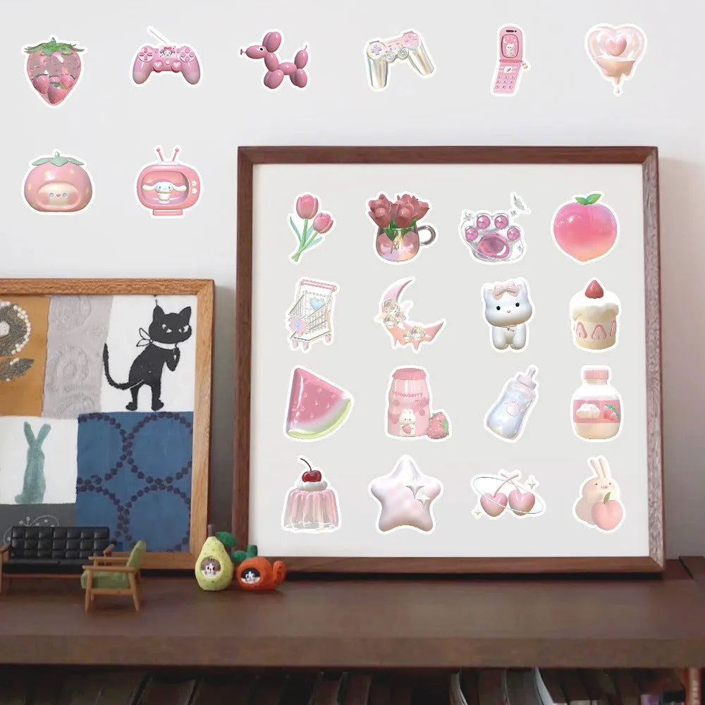 Set of 63 realistic 3D decorative stickers with cute pink girl heart designs.