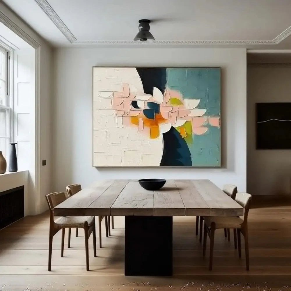 Hand-painted modern abstract floral oil painting on canvas with thick palette knife texture, unstretched and rolled