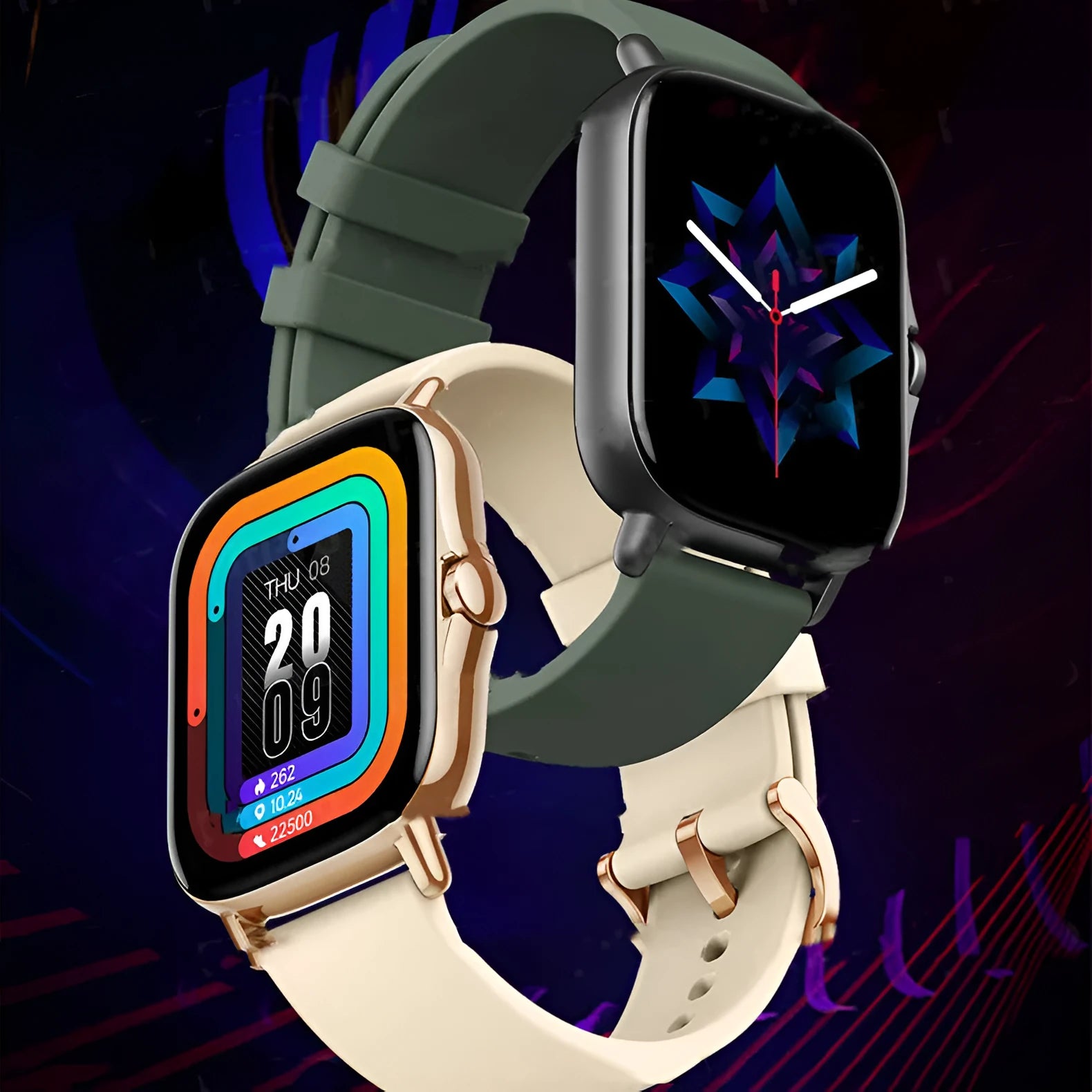 GT20 smartwatch in black with alloy case and silicone strap showing heart rate monitoring on screen.